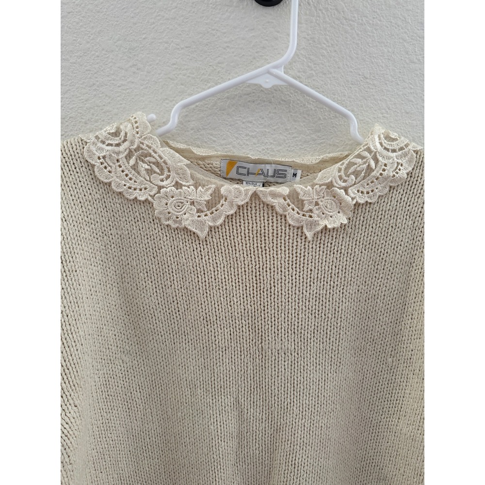 VTG Dead stock Chaus Cream Silk Blend Lace Collar Pullover Sweater Cottagecore M - Picture 4 of 10